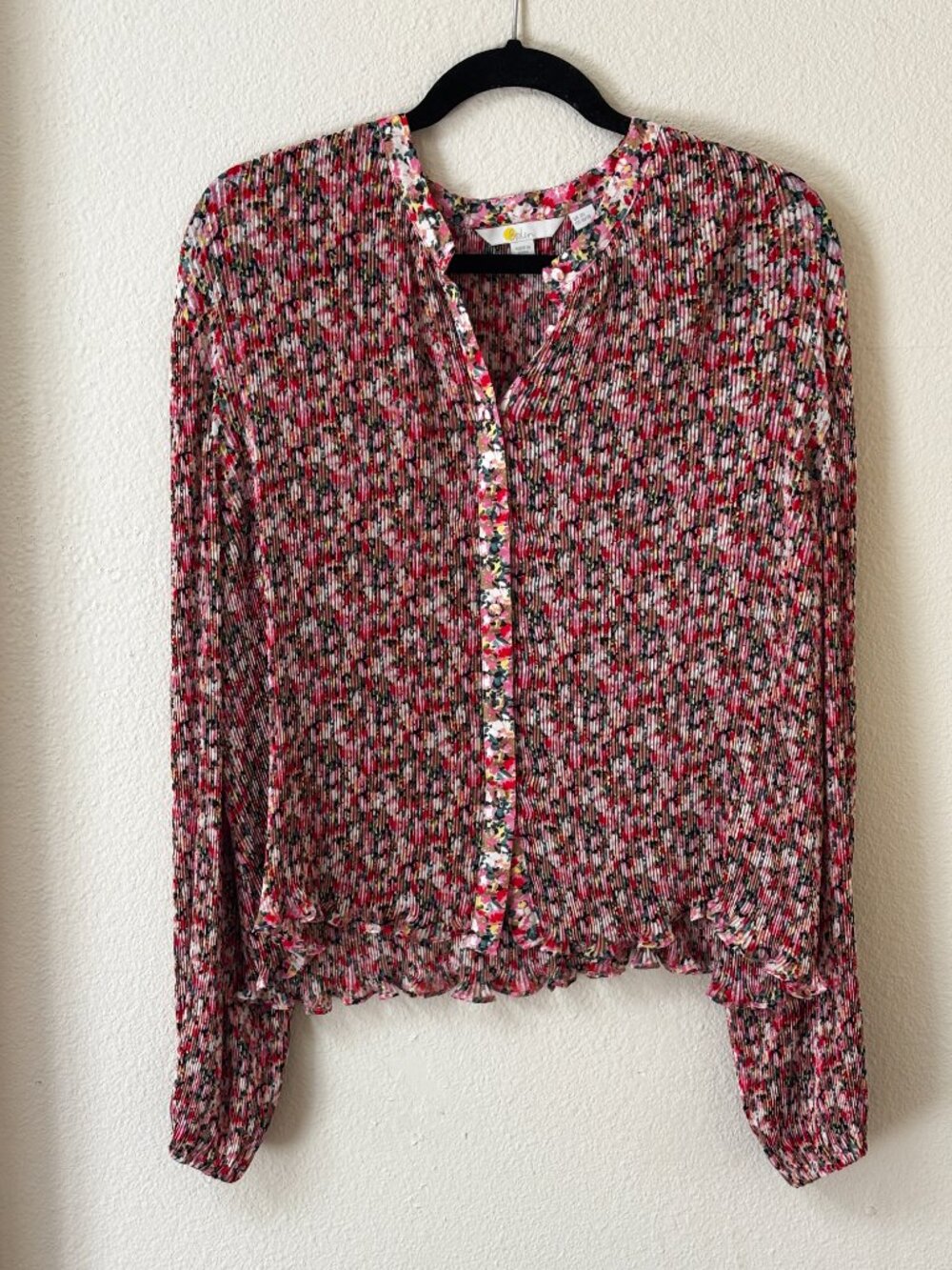 Boden Floral Pleated Button-Front Blouse | Long Sleeve | US 16